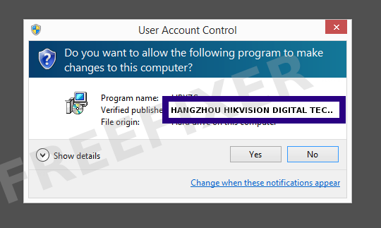Screenshot where HANGZHOU HIKVISION DIGITAL TECHNOLOGY CO.,LTD. appears as the verified publisher in the UAC dialog